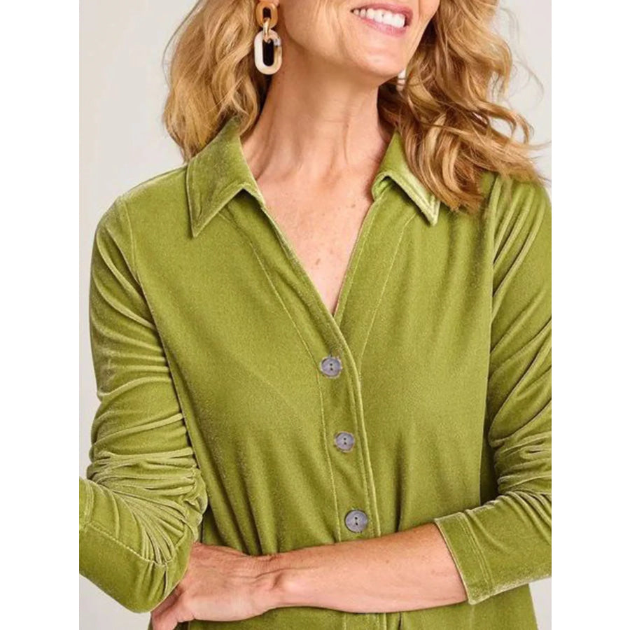 Velvet Button-Down Long Sleeve Shirt with Asymmetrical Hemline