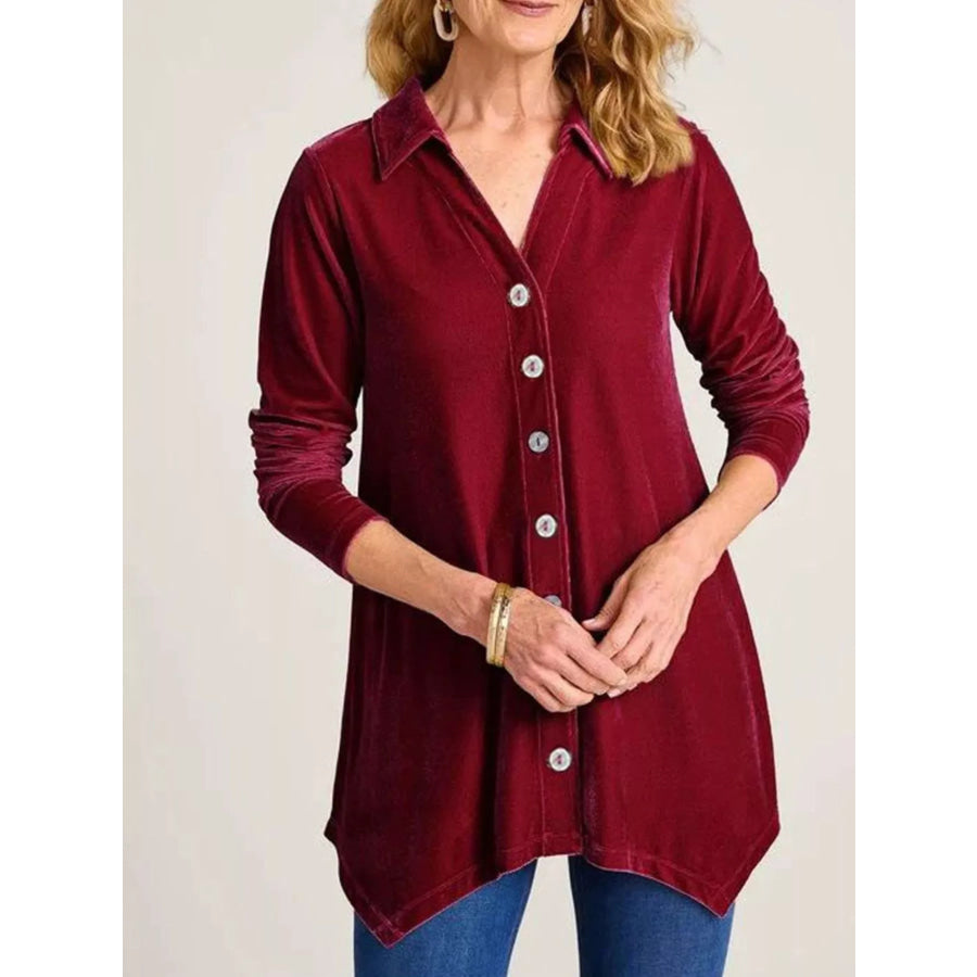 Velvet Button-Down Long Sleeve Shirt with Asymmetrical Hemline Wine Red / S