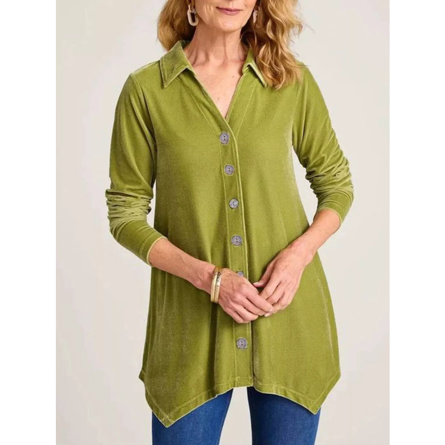 Velvet Button-Down Long Sleeve Shirt with Asymmetrical Hemline Yellowish Green / S