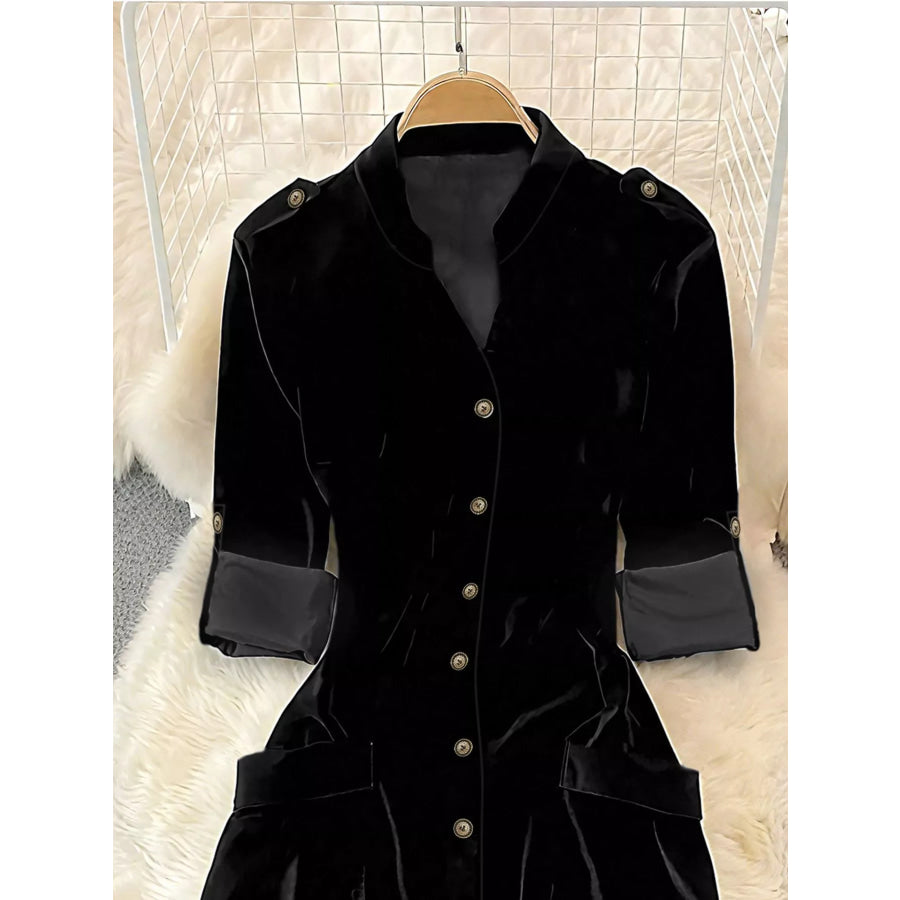 Velvet Button-Down Midi Dress Apparel and Accessories