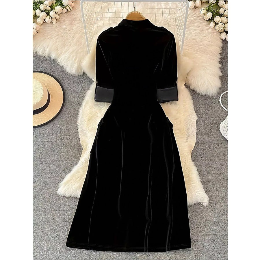 Velvet Button-Down Midi Dress Apparel and Accessories