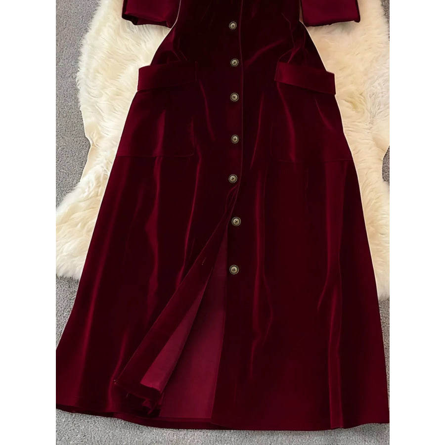 Velvet Button-Down Midi Dress Apparel and Accessories