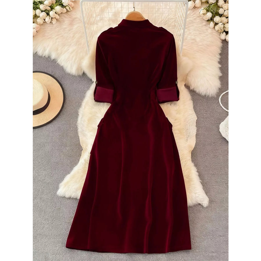 Velvet Button-Down Midi Dress Apparel and Accessories