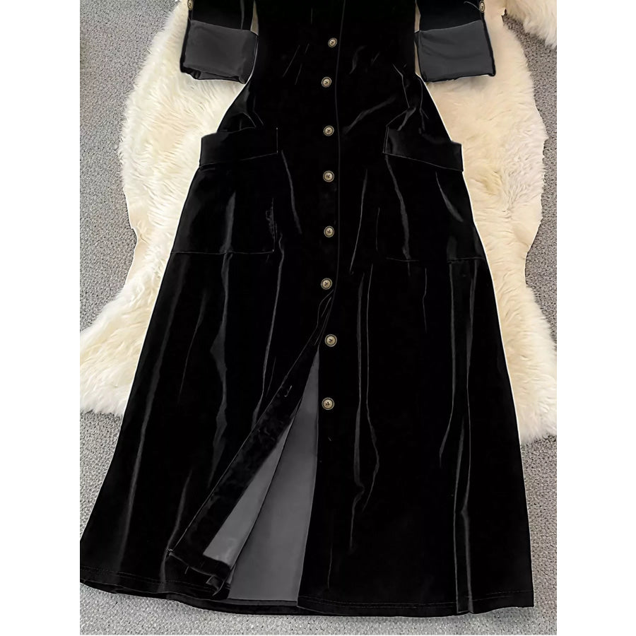Velvet Button-Down Midi Dress Apparel and Accessories