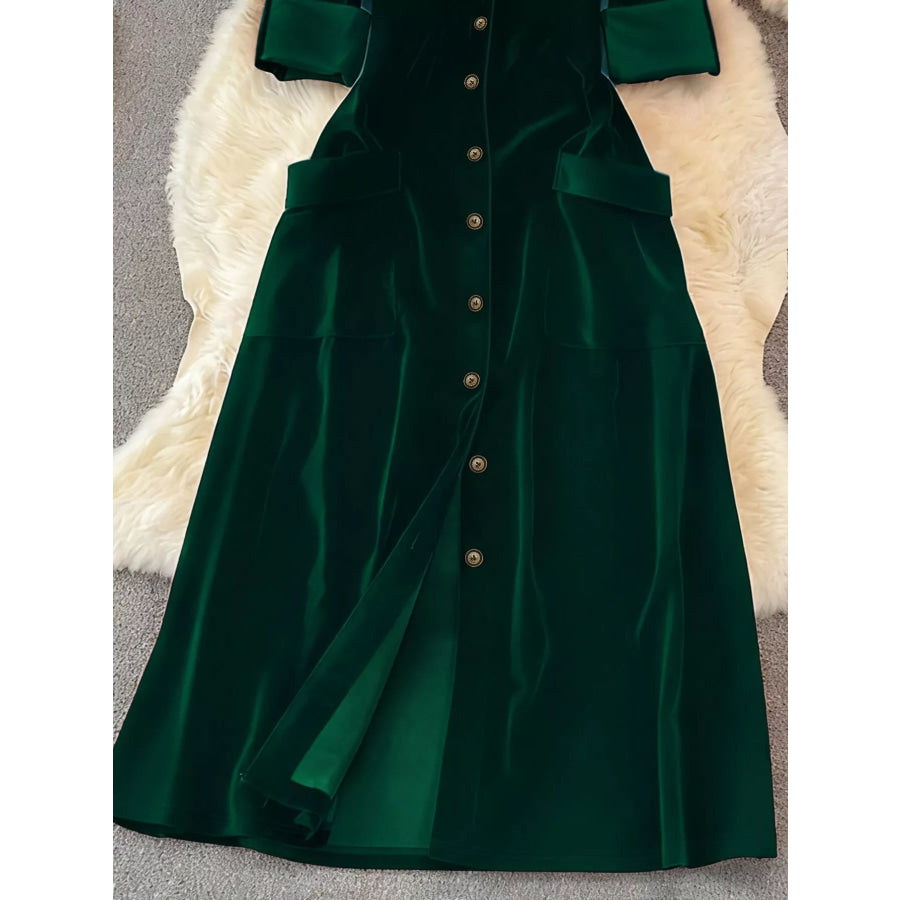 Velvet Button-Down Midi Dress Apparel and Accessories