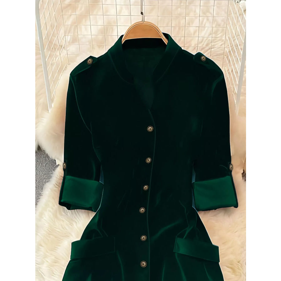 Velvet Button-Down Midi Dress Apparel and Accessories