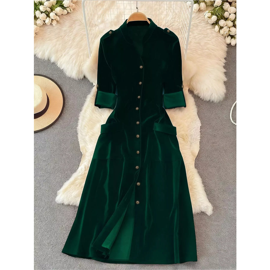Velvet Button-Down Midi Dress Black Forest / S Apparel and Accessories
