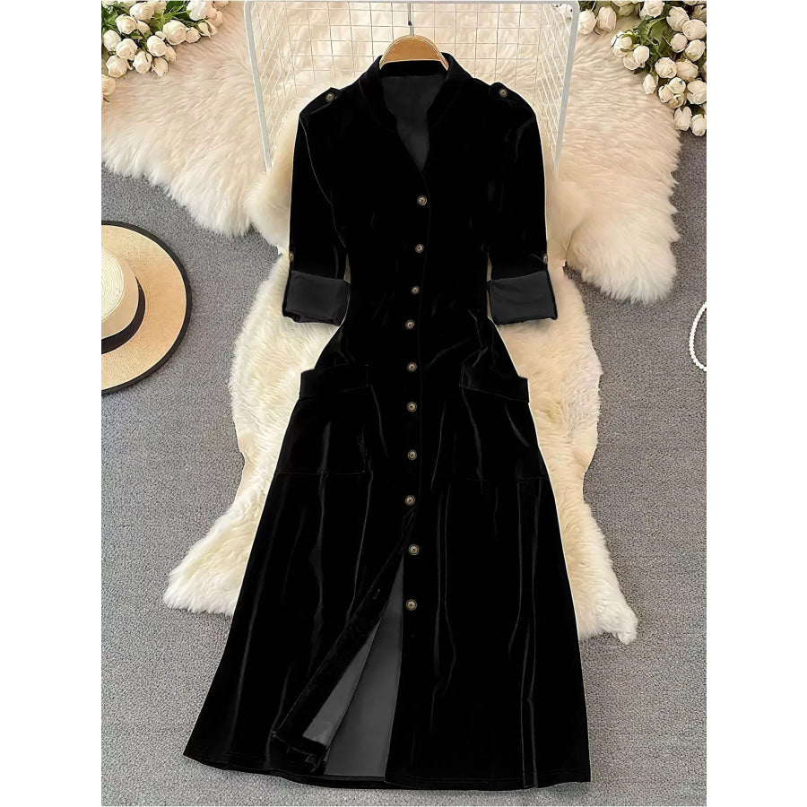 Velvet Button-Down Midi Dress Black / S Apparel and Accessories