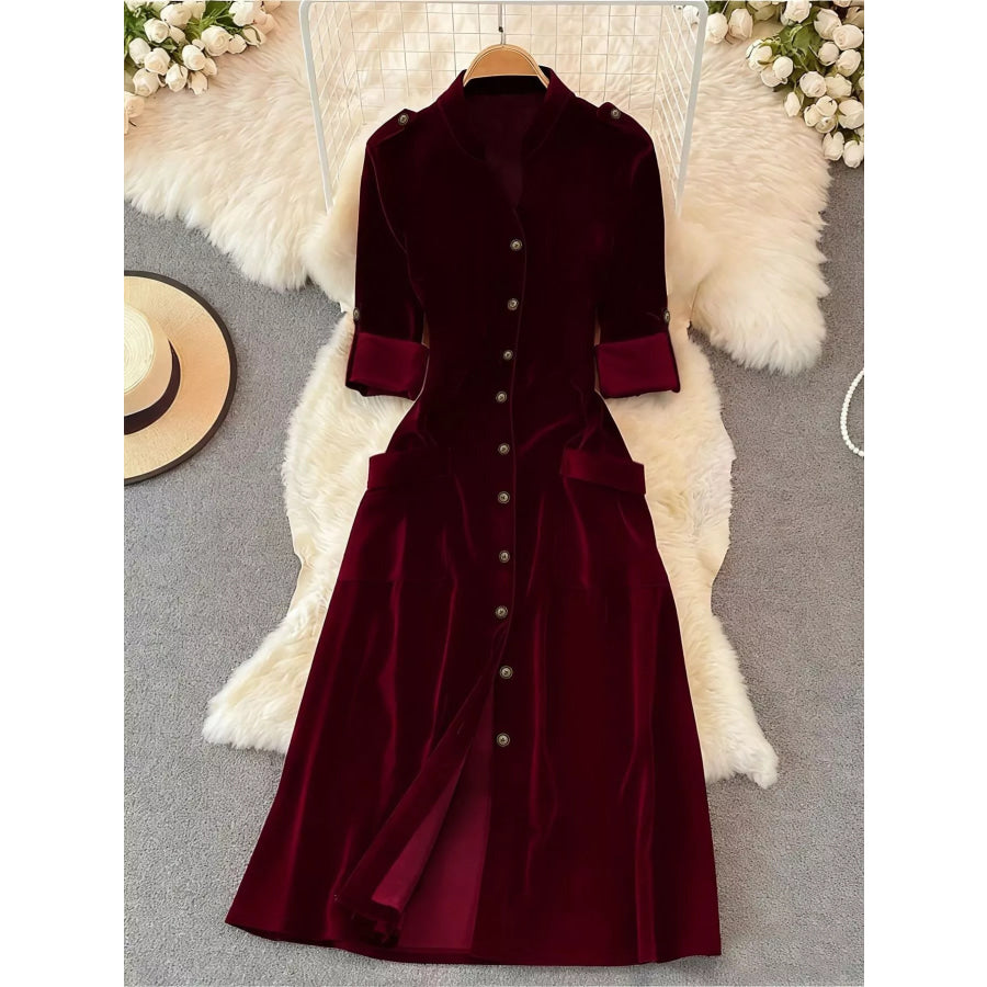 Velvet Button-Down Midi Dress Burgundy / S Apparel and Accessories