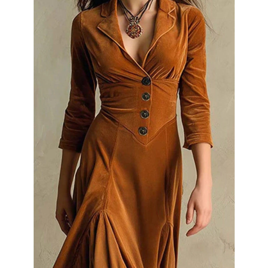 Velvet Button Front 3/4 Sleeve Maxi Dress Apparel and Accessories