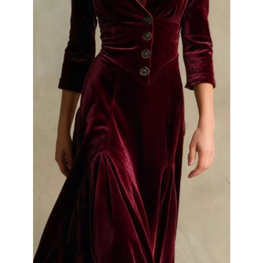 Velvet Button Front 3/4 Sleeve Maxi Dress Apparel and Accessories