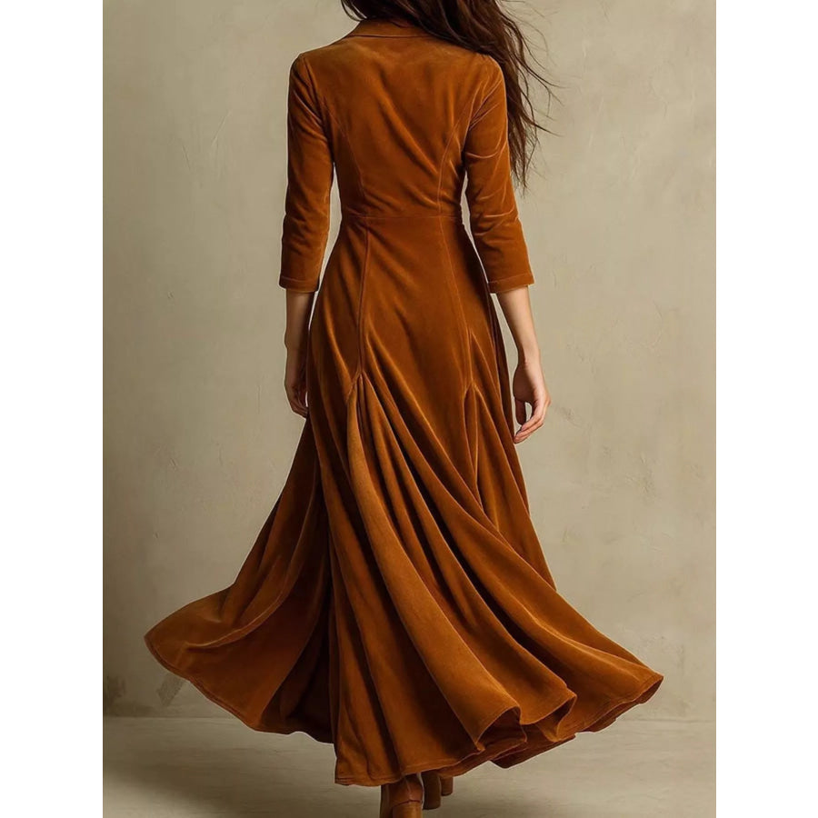 Velvet Button Front 3/4 Sleeve Maxi Dress Apparel and Accessories