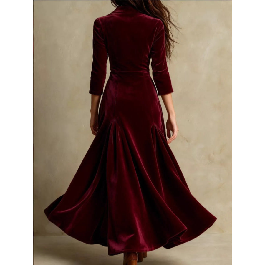 Velvet Button Front 3/4 Sleeve Maxi Dress Apparel and Accessories