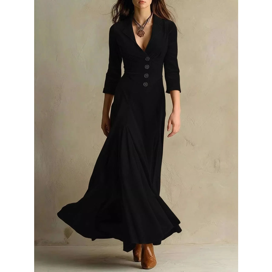 Velvet Button Front 3/4 Sleeve Maxi Dress Black / S Apparel and Accessories
