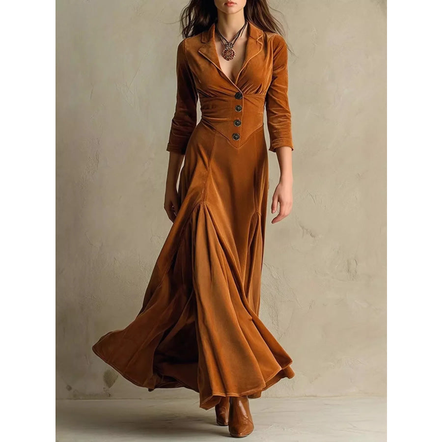 Velvet Button Front 3/4 Sleeve Maxi Dress Brown / S Apparel and Accessories