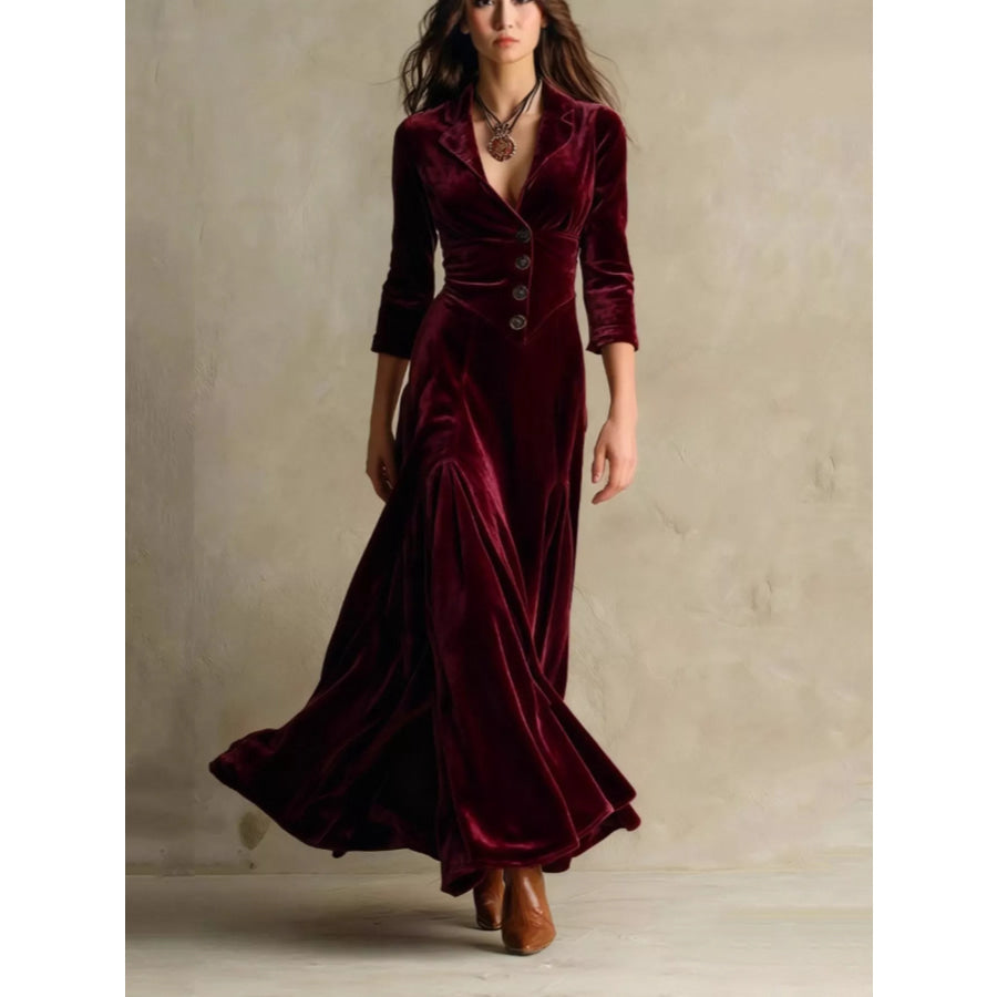 Velvet Button Front 3/4 Sleeve Maxi Dress Burgundy / S Apparel and Accessories
