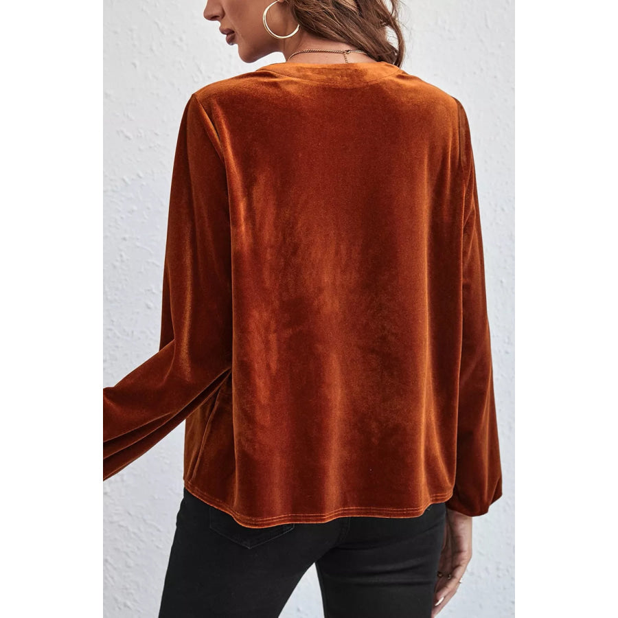 Velvet Button-Front Long Sleeve Blouse Apparel and Accessories