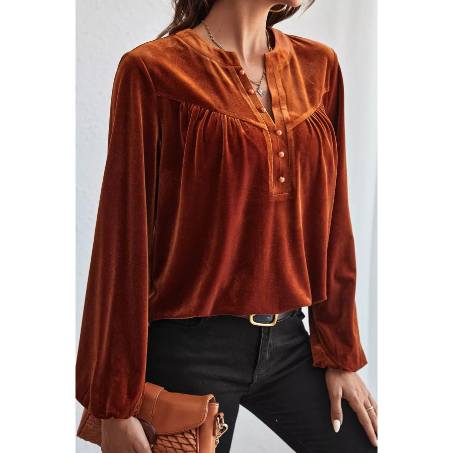 Velvet Button-Front Long Sleeve Blouse Caramel / S Apparel and Accessories