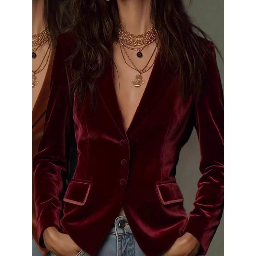 Velvet Button Up Blazer Burgundy / S Apparel and Accessories