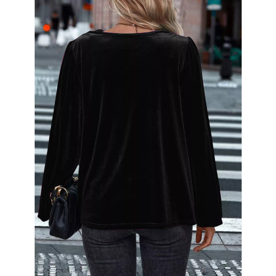 Velvet Cowl Neck Long Sleeve Blouse Apparel and Accessories