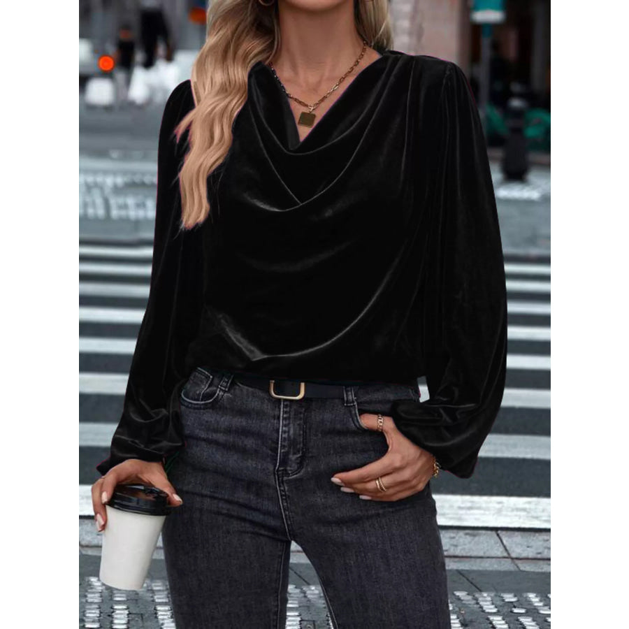 Velvet Cowl Neck Long Sleeve Blouse Apparel and Accessories