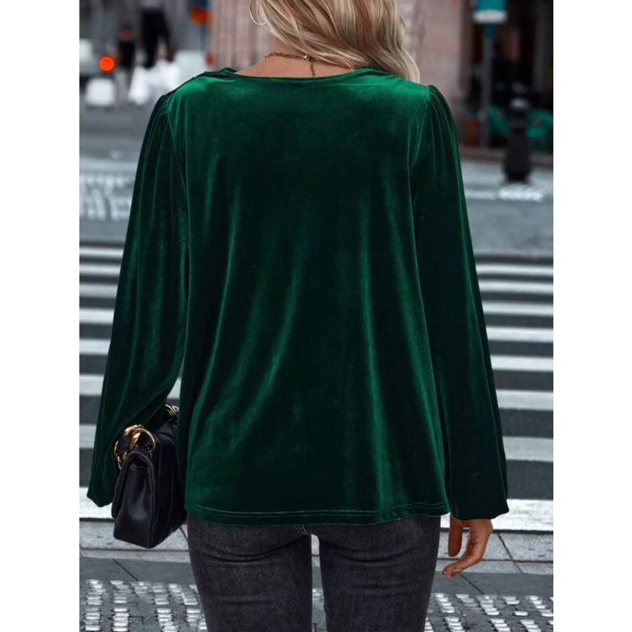 Velvet Cowl Neck Long Sleeve Blouse Apparel and Accessories