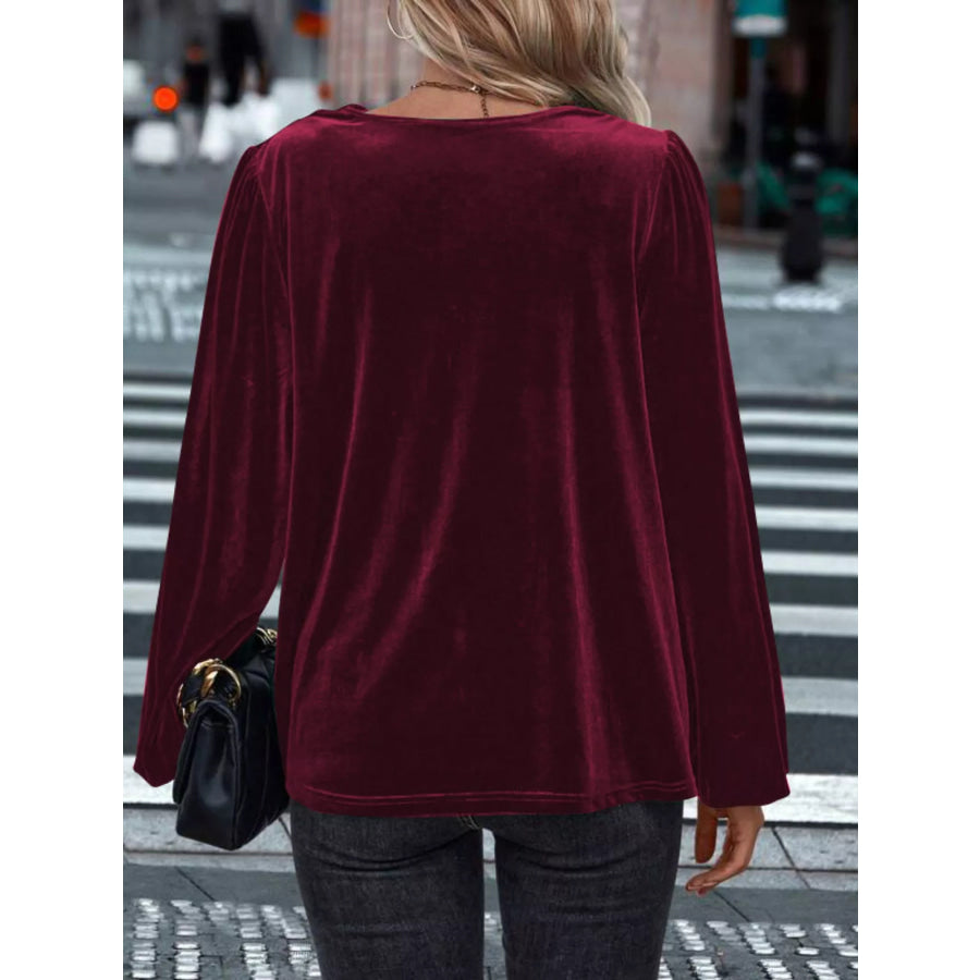 Velvet Cowl Neck Long Sleeve Blouse Apparel and Accessories