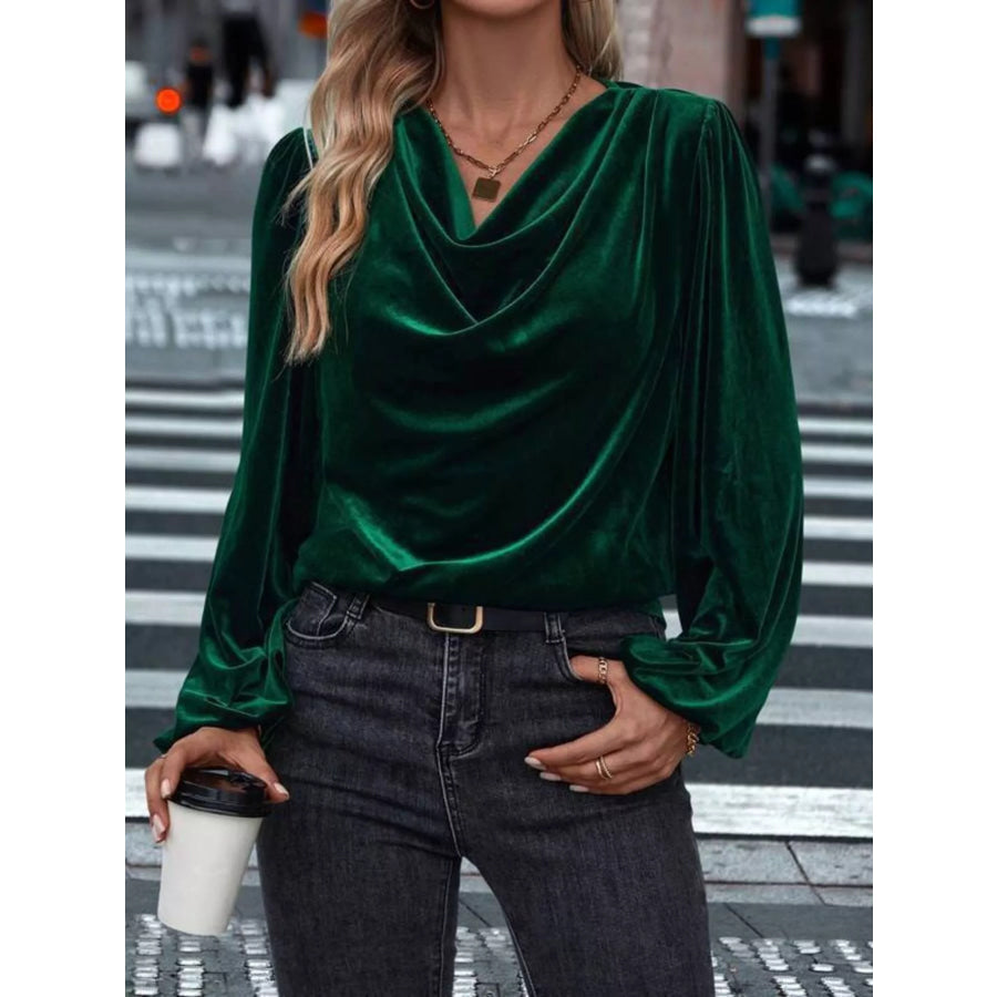 Velvet Cowl Neck Long Sleeve Blouse Apparel and Accessories