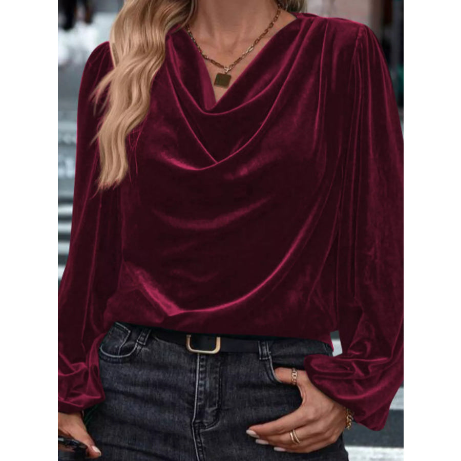 Velvet Cowl Neck Long Sleeve Blouse Apparel and Accessories