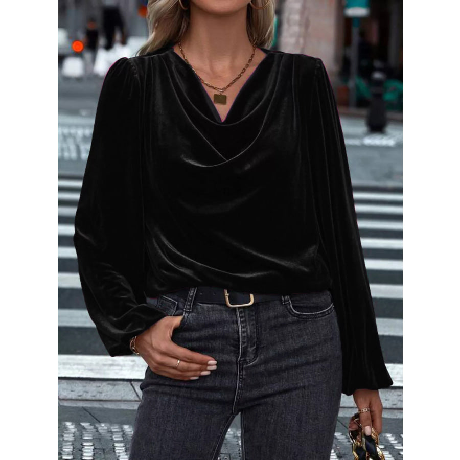 Velvet Cowl Neck Long Sleeve Blouse Black / S Apparel and Accessories