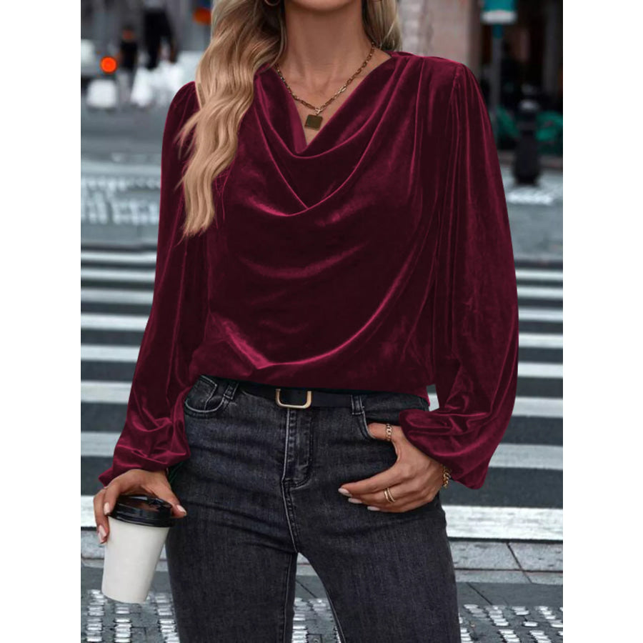 Velvet Cowl Neck Long Sleeve Blouse Burgundy / S Apparel and Accessories