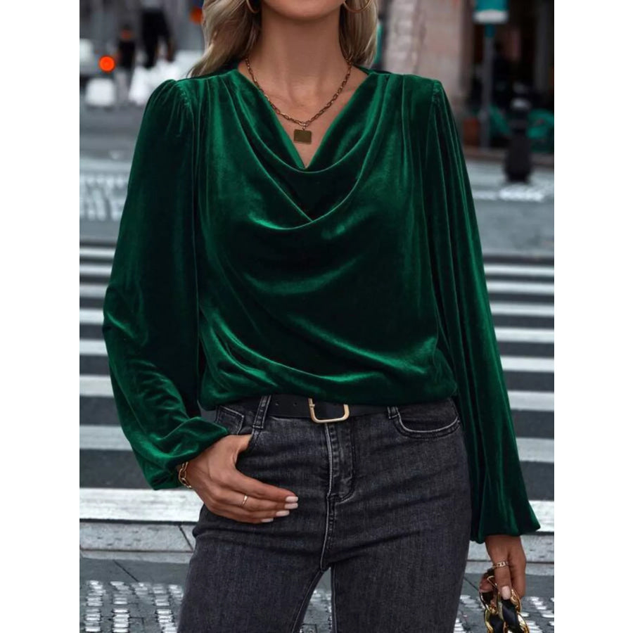 Velvet Cowl Neck Long Sleeve Blouse Dark Green / S Apparel and Accessories