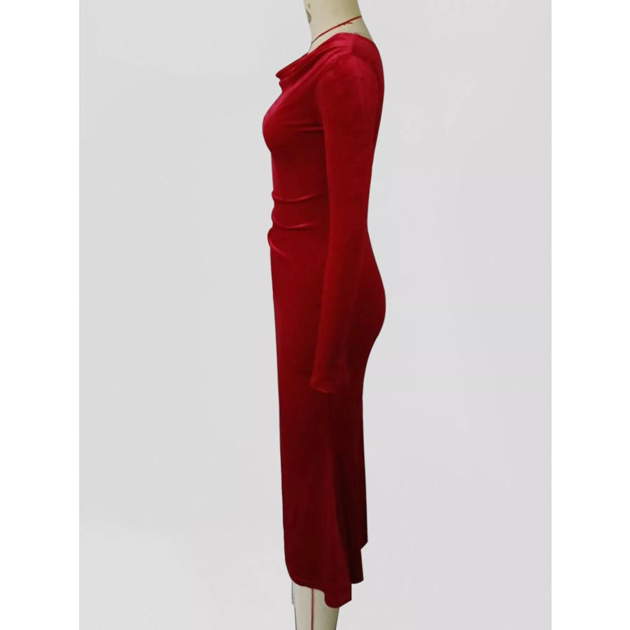 Velvet Cowl Neck Long Sleeve Midi Dress Apparel and Accessories
