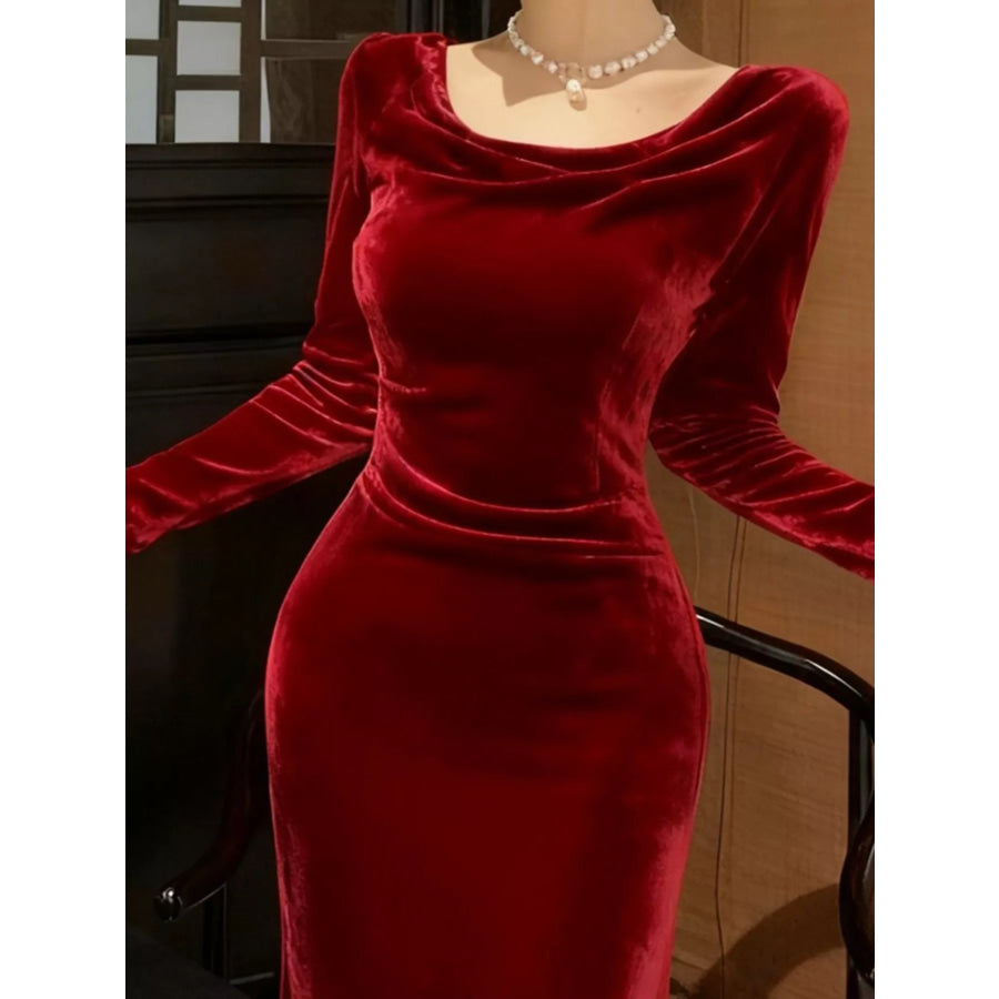 Velvet Cowl Neck Long Sleeve Midi Dress Apparel and Accessories