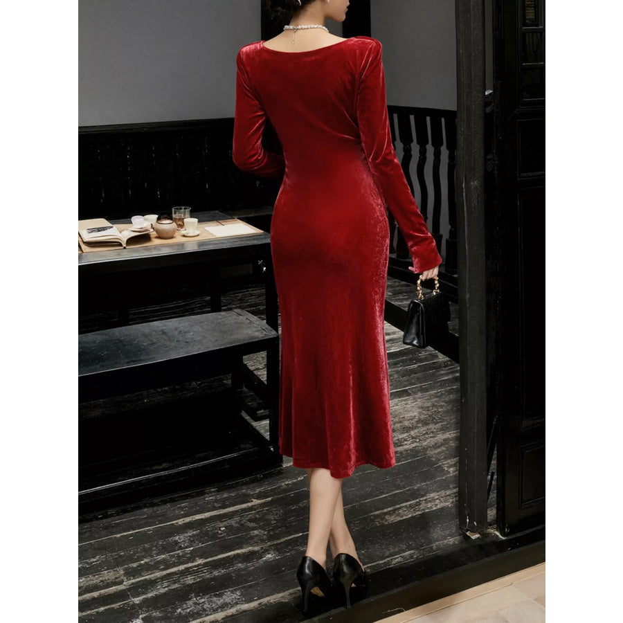 Velvet Cowl Neck Long Sleeve Midi Dress Apparel and Accessories
