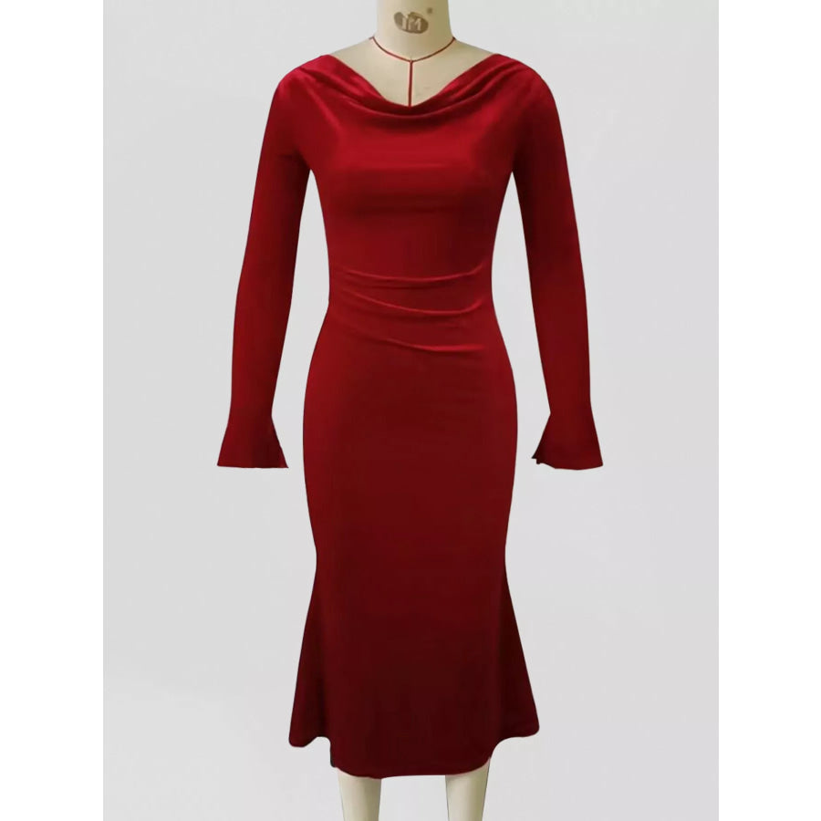 Velvet Cowl Neck Long Sleeve Midi Dress Apparel and Accessories