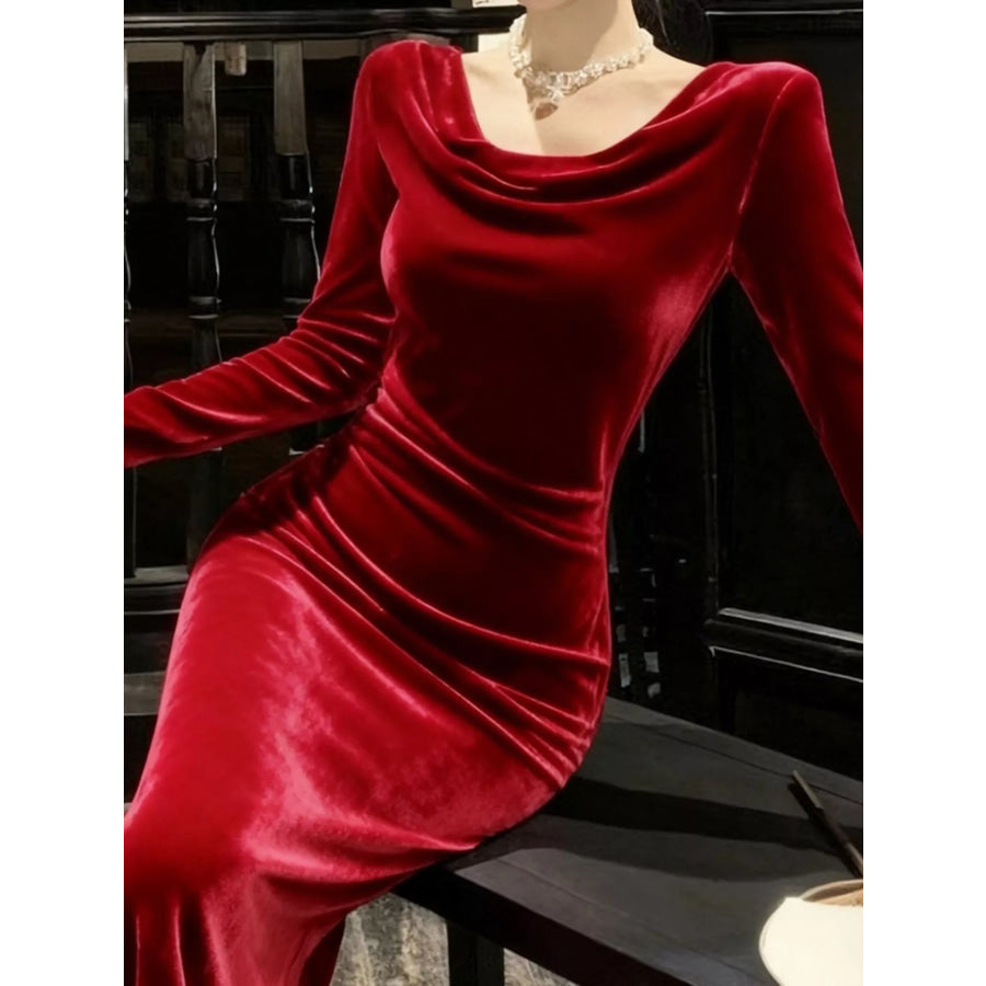 Velvet Cowl Neck Long Sleeve Midi Dress Apparel and Accessories