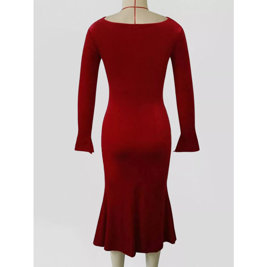 Velvet Cowl Neck Long Sleeve Midi Dress Apparel and Accessories