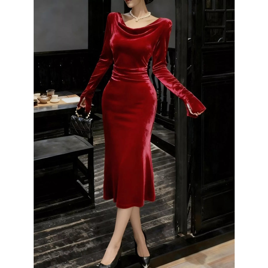 Velvet Cowl Neck Long Sleeve Midi Dress Burgundy / M Apparel and Accessories
