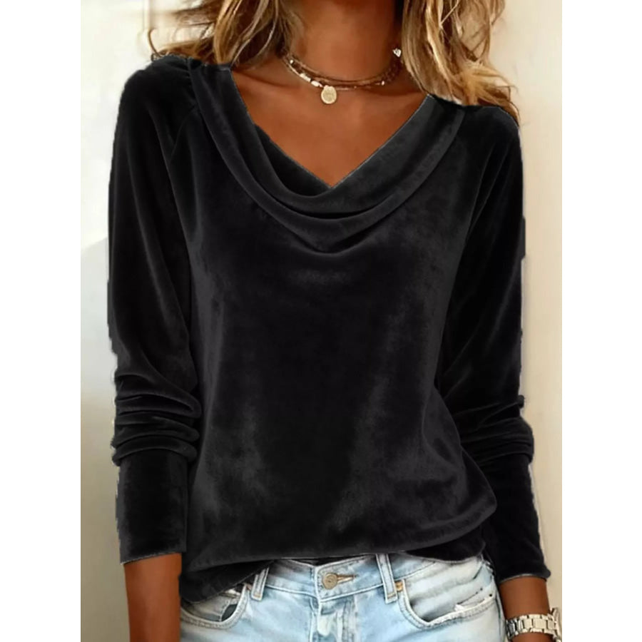 Velvet Cowl Neck Long Sleeve T-Shirt Black / S Apparel and Accessories