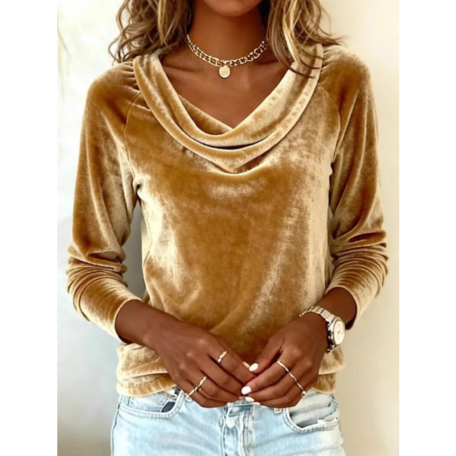 Velvet Cowl Neck Long Sleeve T-Shirt Gold / S Apparel and Accessories
