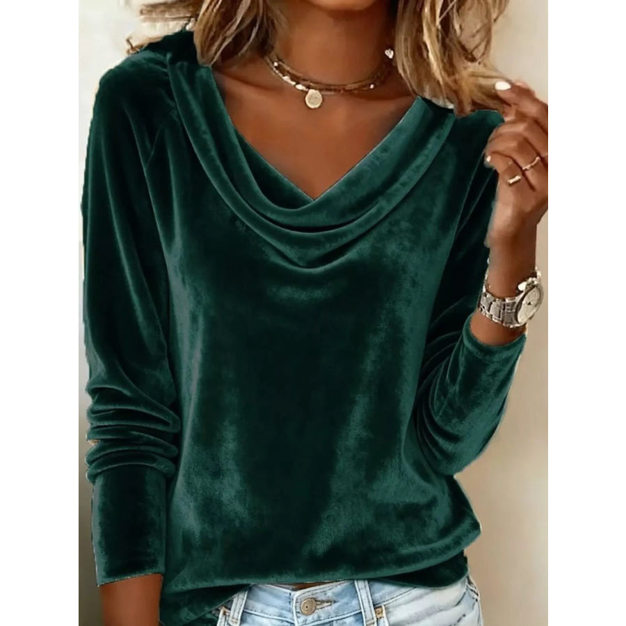 Velvet Cowl Neck Long Sleeve T-Shirt Green / S Apparel and Accessories