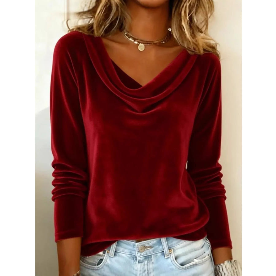 Velvet Cowl Neck Long Sleeve T-Shirt Red / S Apparel and Accessories