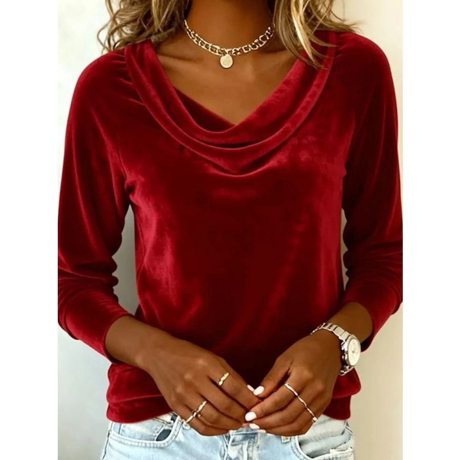 Velvet Cowl Neck Long Sleeve T-Shirt Red / S Apparel and Accessories
