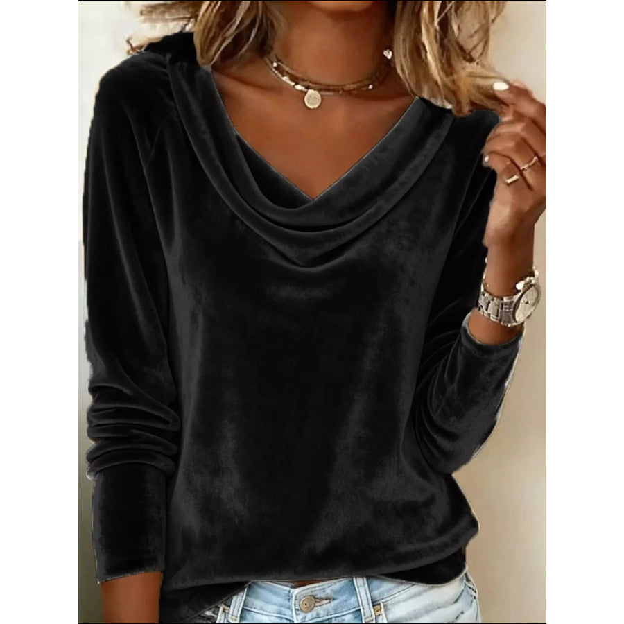 Velvet Cowl Neck Long Sleeve Top Black / S Apparel and Accessories