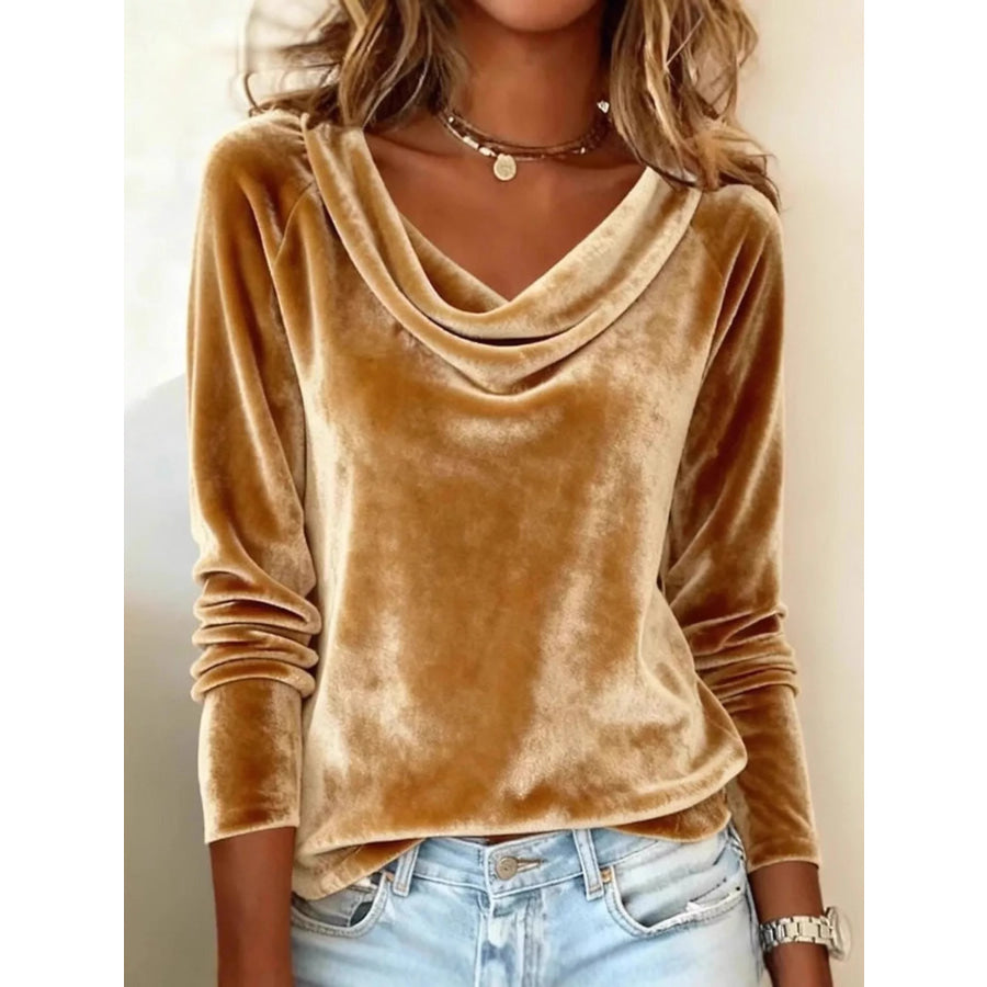Velvet Cowl Neck Long Sleeve Top Gold / S Apparel and Accessories