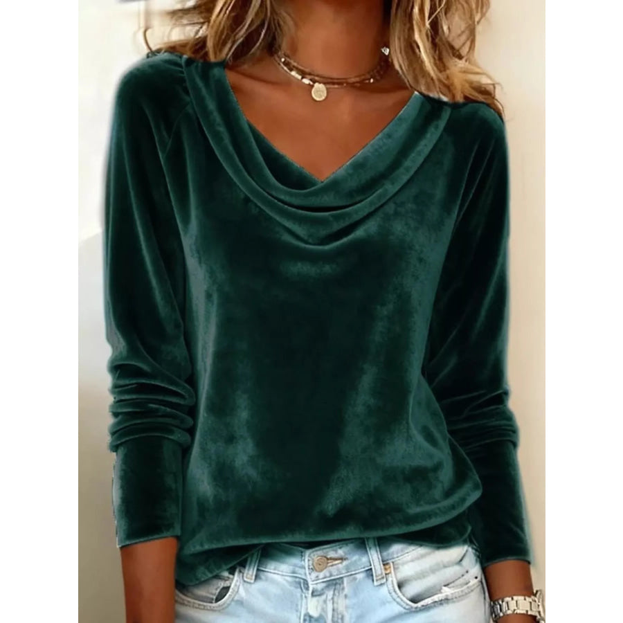 Velvet Cowl Neck Long Sleeve Top Green / S Apparel and Accessories