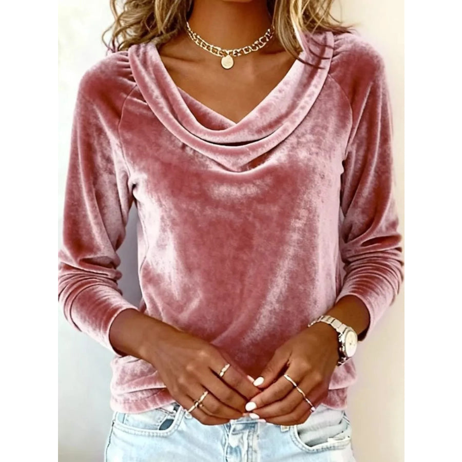 Velvet Cowl Neck Long Sleeve Top Pink / S Apparel and Accessories