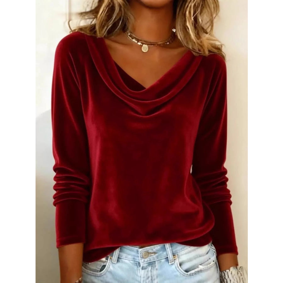 Velvet Cowl Neck Long Sleeve Top Red / S Apparel and Accessories
