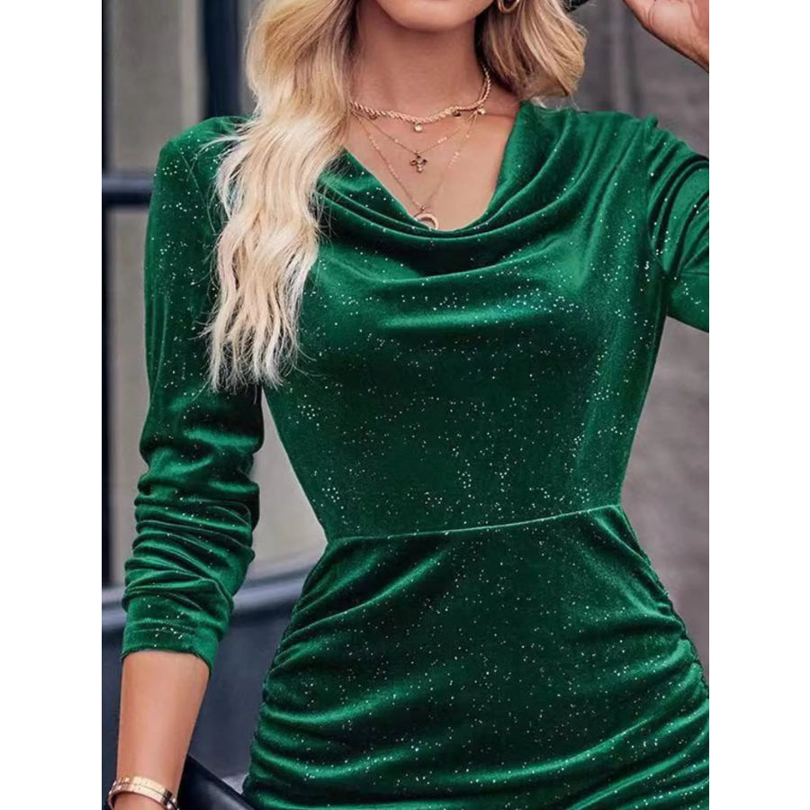 Velvet Cowl Neck Ruched Bodycon Dress Green / S Apparel and Accessories